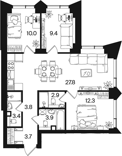 Планировка: Квартира евро-4 76,9 м² в ЖК «РАКУРС»