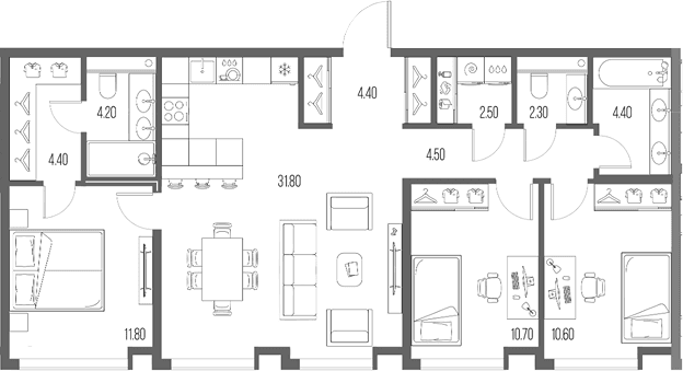 Планировка: 3-комнатная квартира 91,6 м² в ЖК «Северный Порт»
