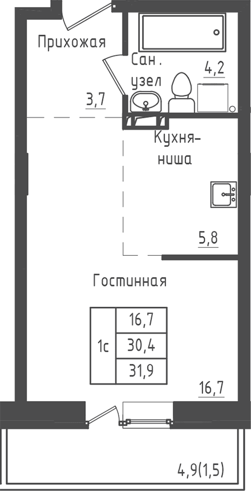 Планировка: Студия 30,4 м² в ЖК «Зеленый город»