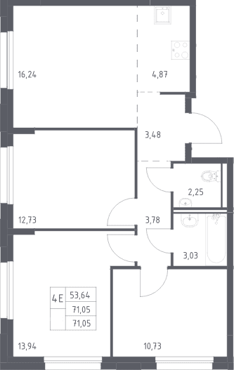 Планировка: Квартира евро-4 71,1 м² в ЖК «Прибрежный Парк»