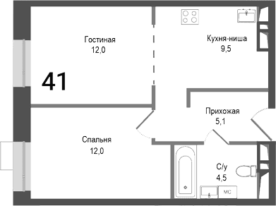 Планировка: Евродвушка 43,1 м² в ЖК «Киноквартал»