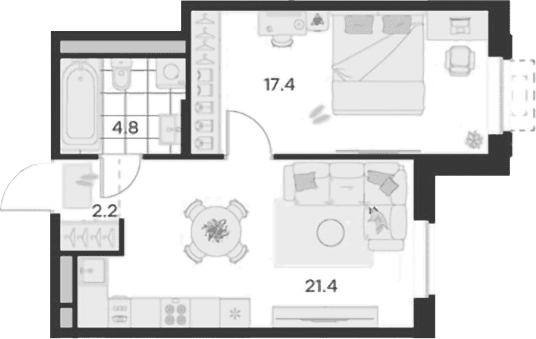 Планировка: 1-комнатная квартира 45,8 м² в ЖК «Михалевич»