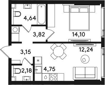 Планировка: Евродвушка 44,9 м² в ЖК «СОЛОС»