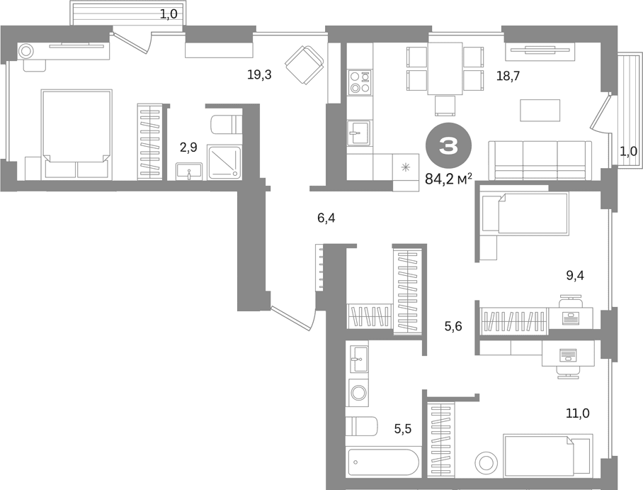Планировка: 3-комнатная квартира 82,2 м² в ЖК «Первый квартал. Вторая очередь»