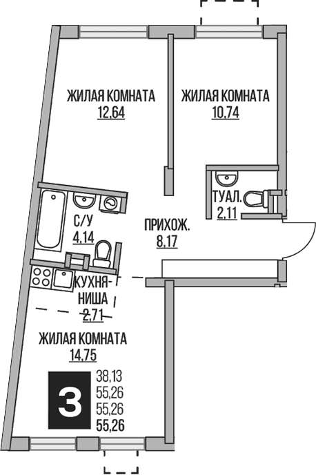 Планировка: Евротрёшка 55,3 м² в ЖК «Гранель Аникеевский»