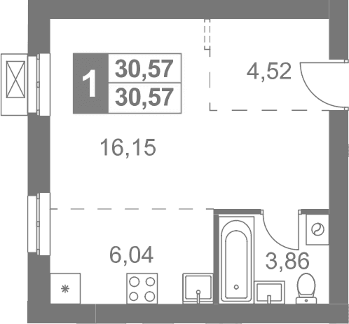 Планировка: Студия 30,6 м² в ЖК «Жаворонки Клаб»