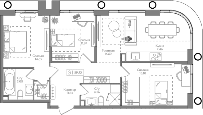 Планировка: Квартира евро-4 89,5 м² в ЖК «Преображенская площадь»