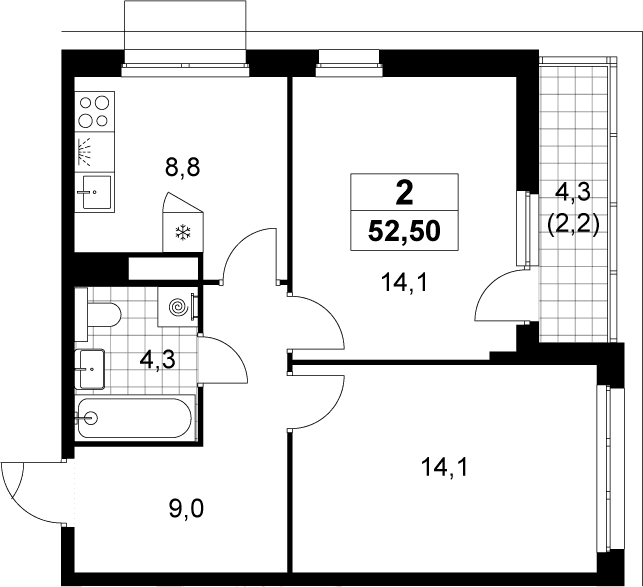 Планировка: 2-комнатная квартира 50,3 м² в ЖК «Деснаречье»