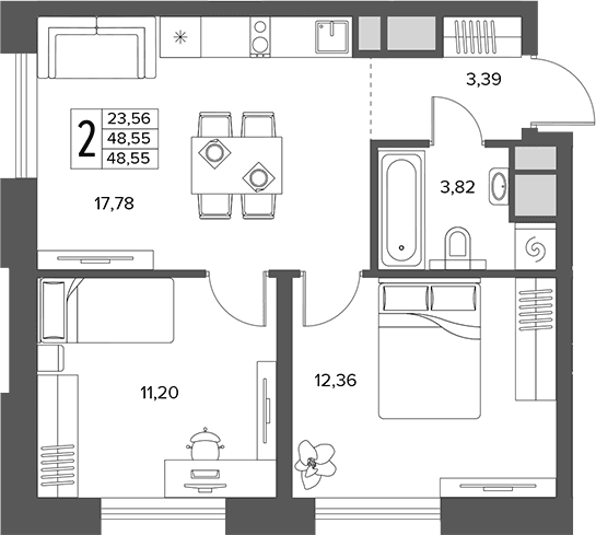 Планировка: Евротрёшка 48,6 м² в ЖК «Городской бор»