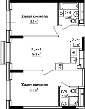Планировка: 2-комнатная квартира 53,7 м² в ЖК «Коллекция»