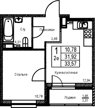 Планировка: Евродвушка 31,9 м² в ЖК «ID Kudrovo II»