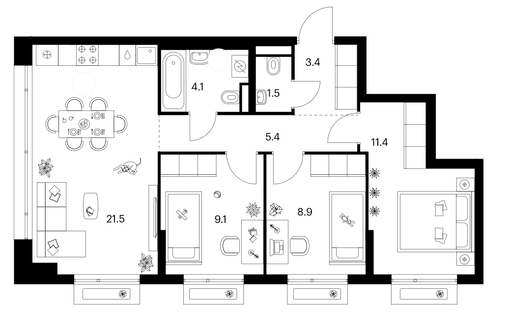 3-комнатная квартира