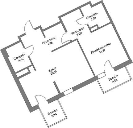 Планировка: 1-комнатная квартира 63,7 м² в ЖК «Рощино Резиденс»