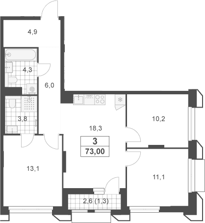 Планировка: Квартира евро-4 71,7 м² в ЖК «Южные сады»