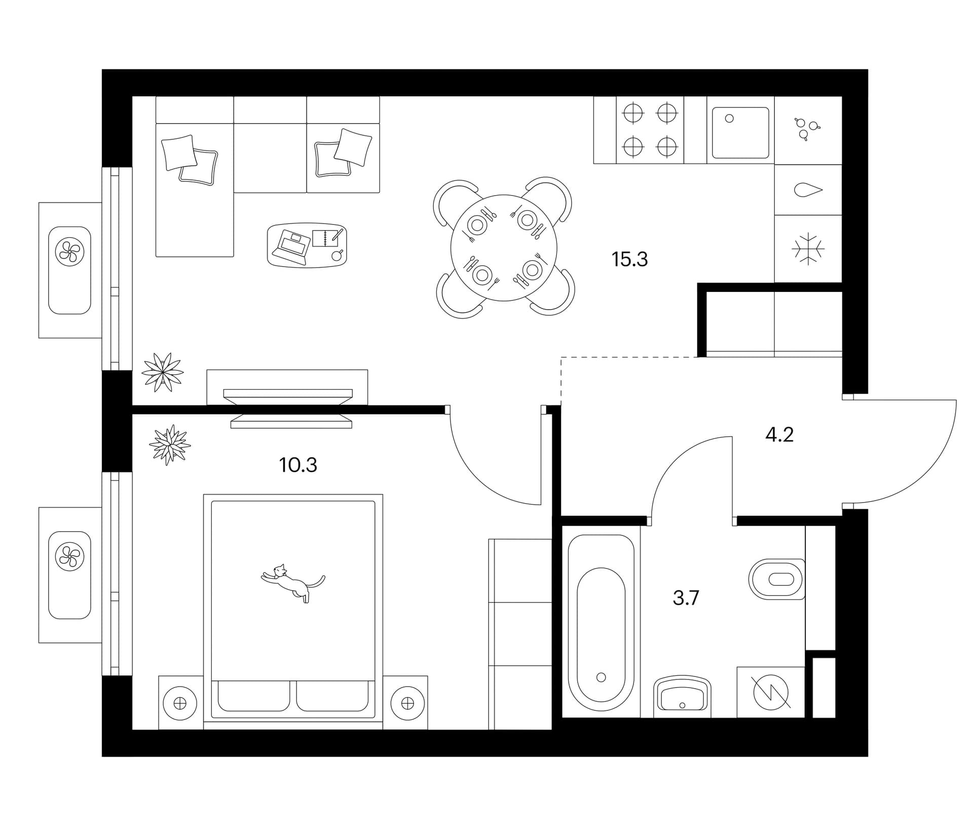 Планировка: 1-комнатная квартира 33,5 м² в ЖК «Белая Дача парк»