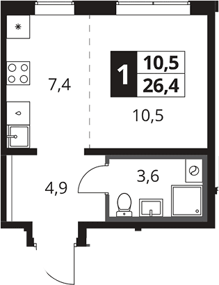 Планировка: Студия 26,4 м² в ЖК «1-й Южный»