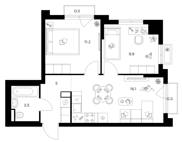 Планировка: 2-комнатная квартира 45,7 м² в ЖК «Ярославский»