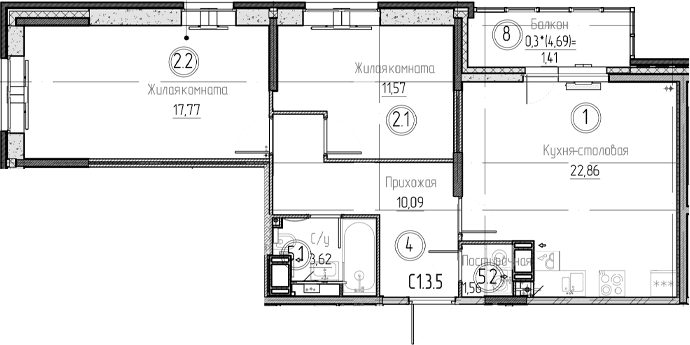 Планировка: Евротрёшка 67,5 м² в ЖК «Аквилон Верба»