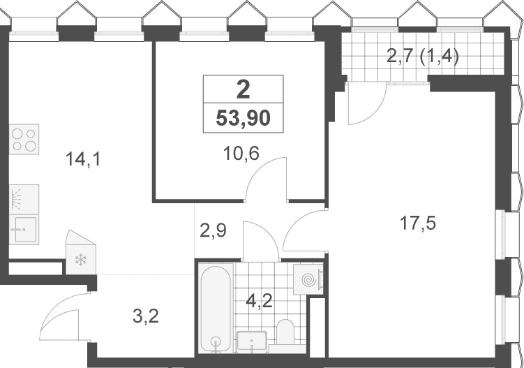 Планировка: 2-комнатная квартира 52,5 м² в ЖК «Деснаречье»