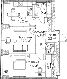 Планировка: 2-комнатная квартира 62,8 м² в ЖК «СЕЗАР БУДУЩЕЕ»