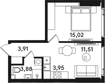 Планировка: Евродвушка 38,3 м² в ЖК «СОЛОС»