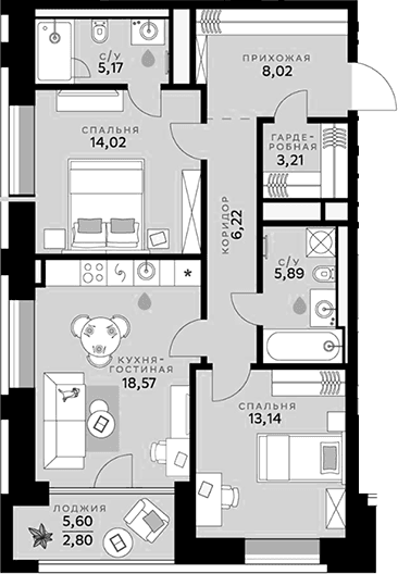 Планировка: Евротрёшка 74,2 м² в ЖК «СберСити»