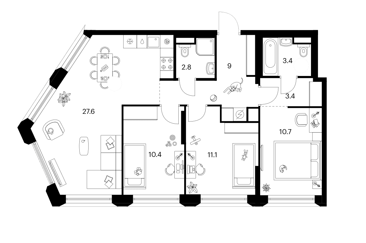 Планировка: 3-комнатная квартира 78,4 м² в ЖК «Москворечье»