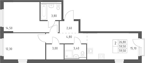 Планировка: Евротрёшка 59,5 м² в ЖК «Химки Парк»