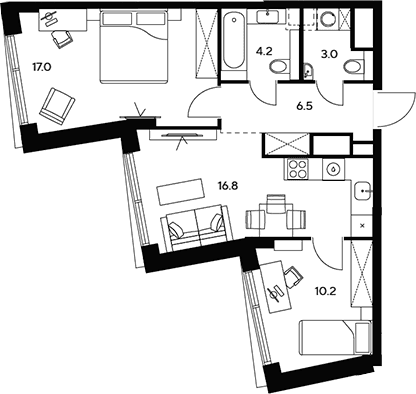 Планировка: Евротрёшка 57,7 м² в ЖК «НЕКСУС от Аквилон»