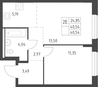 Планировка: Евродвушка 40,5 м² в ЖК «Горки Парк»