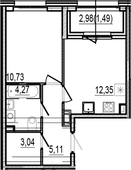 Планировка: 1-комнатная квартира 35,5 м² в ЖК «Оптимист»