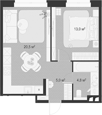 Планировка: Евродвушка 43,3 м² в ЖК «Гранд Комфорт 3»