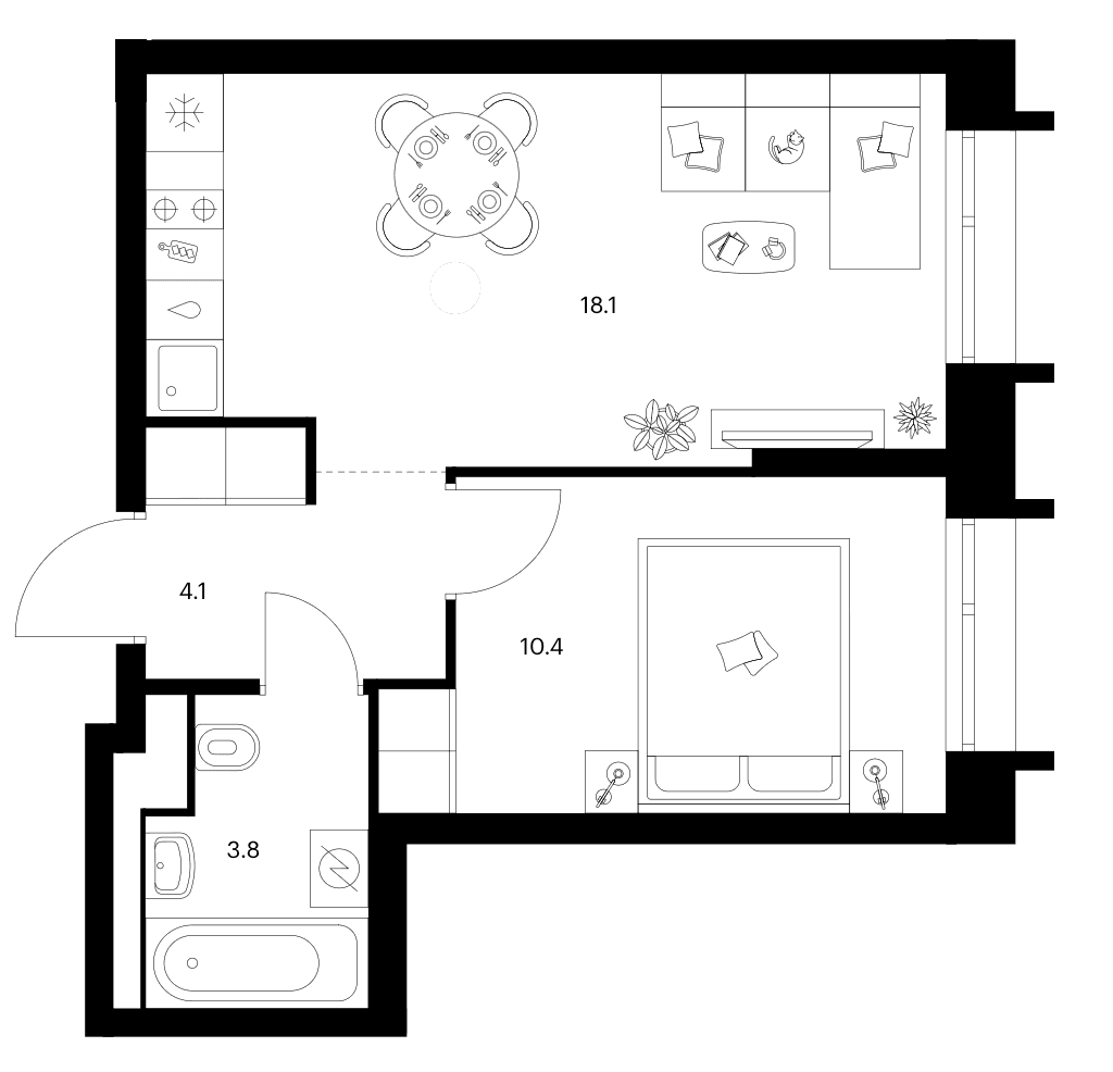 Планировка: 1-комнатная квартира 36,4 м² в ЖК «Зеленый парк»