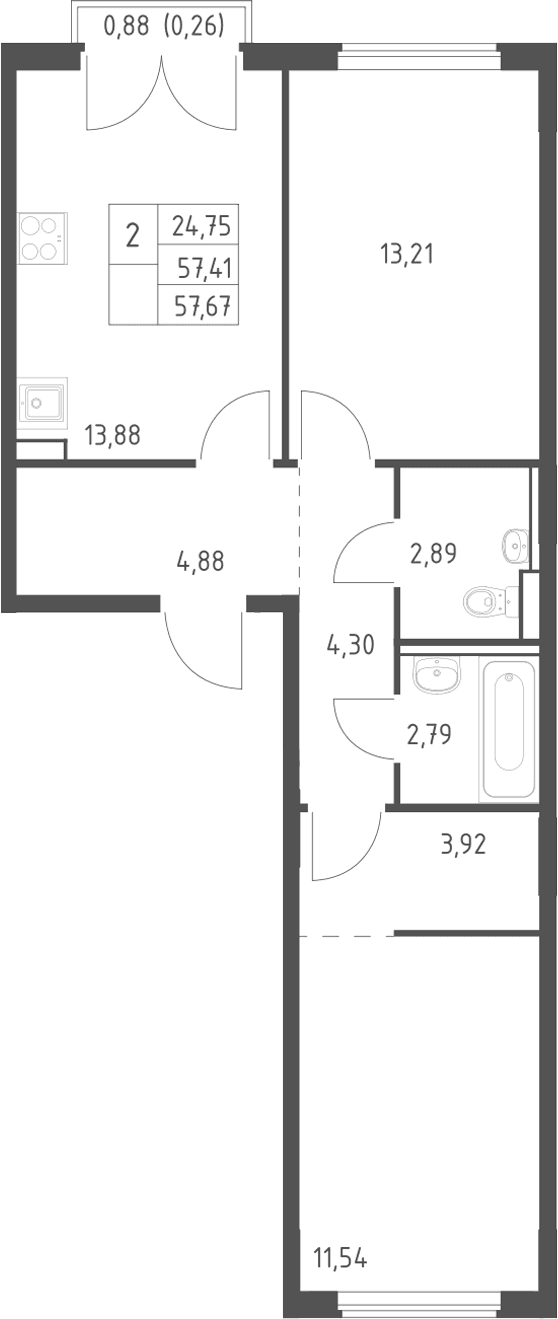Планировка: 2-комнатная квартира 57,4 м² в ЖК «Егорово парк»
