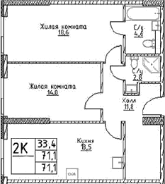 Планировка: 2-комнатная квартира 71,1 м² в ЖК «Наметкин Тауэр»