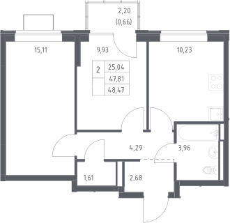Планировка: 2-комнатная квартира 47,8 м² в ЖК «Богдановский лес»