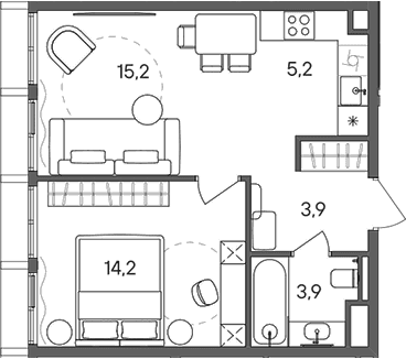 Планировка: Евродвушка 42,4 м² в ЖК «СТОУН Сокольники»