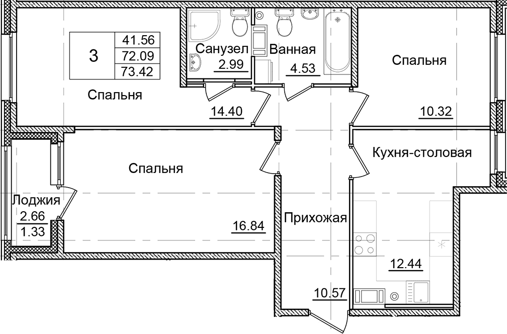 3-комнатная квартира