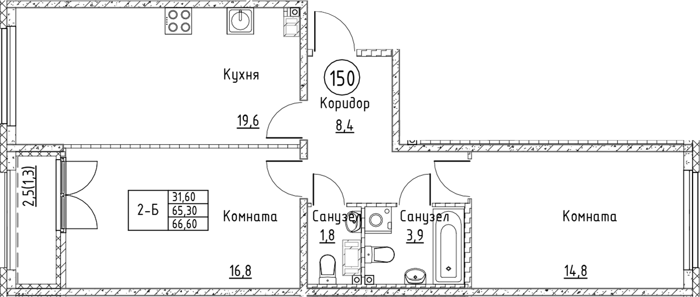Планировка: Евротрёшка 65,3 м² в ЖК «Кронунг Юг»