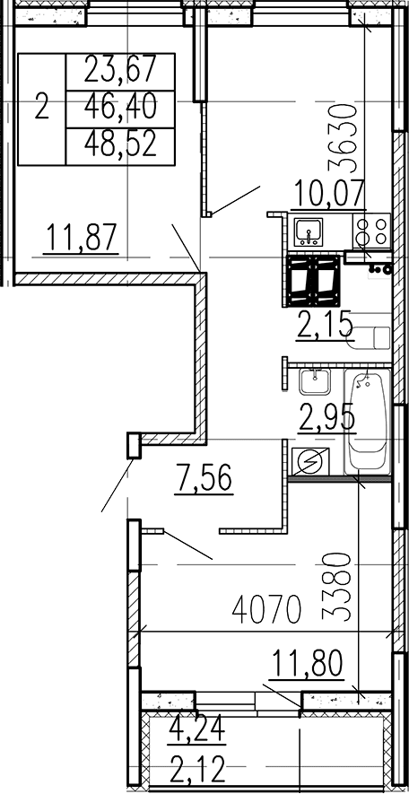Планировка: 2-комнатная квартира 46,4 м² в ЖК «Высота. Бугры»