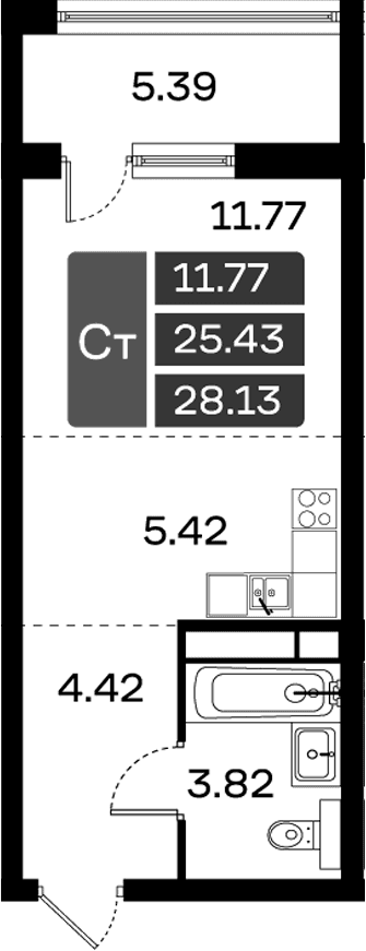 Планировка: Студия 25,4 м² в ЖК «Домодедово Парк»