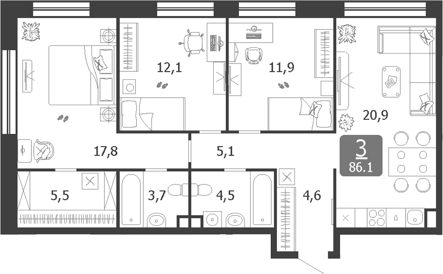 Планировка: Квартира евро-4 86,1 м² в ЖК «Шагал»