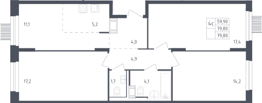 Планировка: Квартира евро-4 78,8 м² в ЖК «Мытищи Парк»