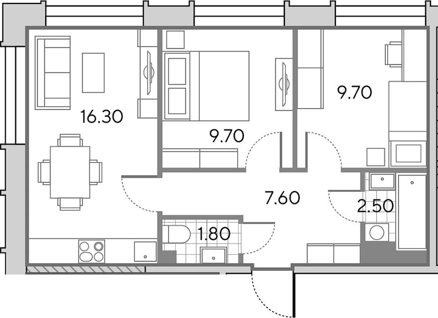 Планировка: Евротрёшка 47,6 м² в ЖК «Вейв»