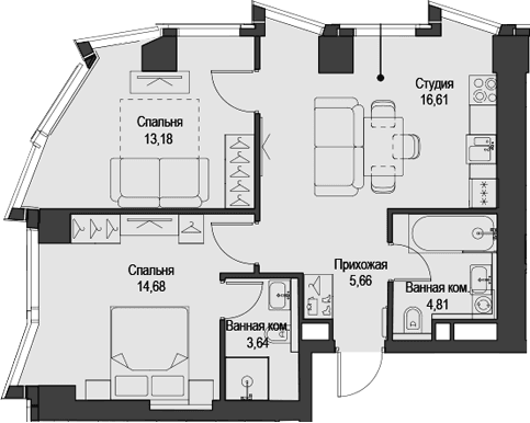 Планировка: Евротрёшка 58,6 м² в ЖК «Феймос»