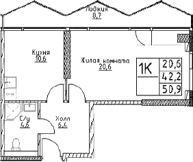 Планировка: 1-комнатная квартира 42,2 м² в ЖК «Наметкин Тауэр»