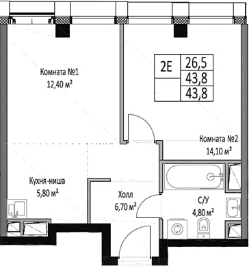 Планировка: Евродвушка 43,8 м² в ЖК «ЭМОУШН»
