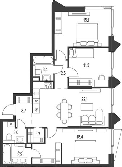 Планировка: Квартира евро-4 85,2 м² в ЖК «Моментс»