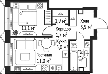 Планировка: Евродвушка 40,9 м² в ЖК «СЕТ»