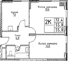 Планировка: 2-комнатная квартира 55,8 м² в ЖК «Наметкин Тауэр»